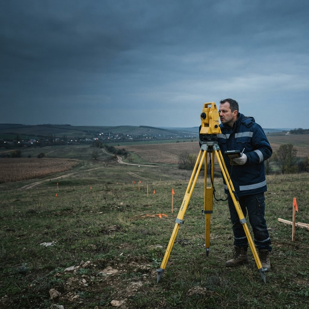 Specialist geodezist operând o stație totală pe teren